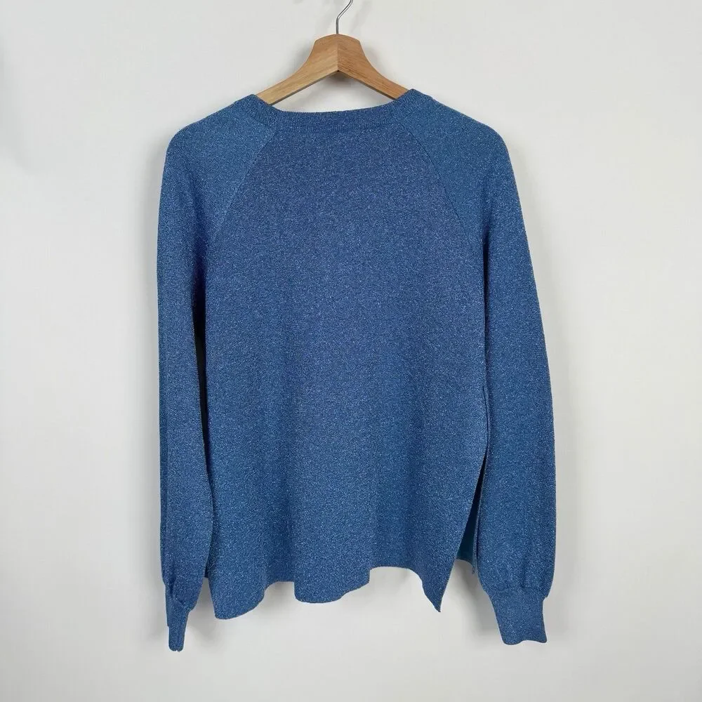J.CREW Crew Neck Raglan Sweater Womens M Blue Metallic Shimmer Side Slit Preppy